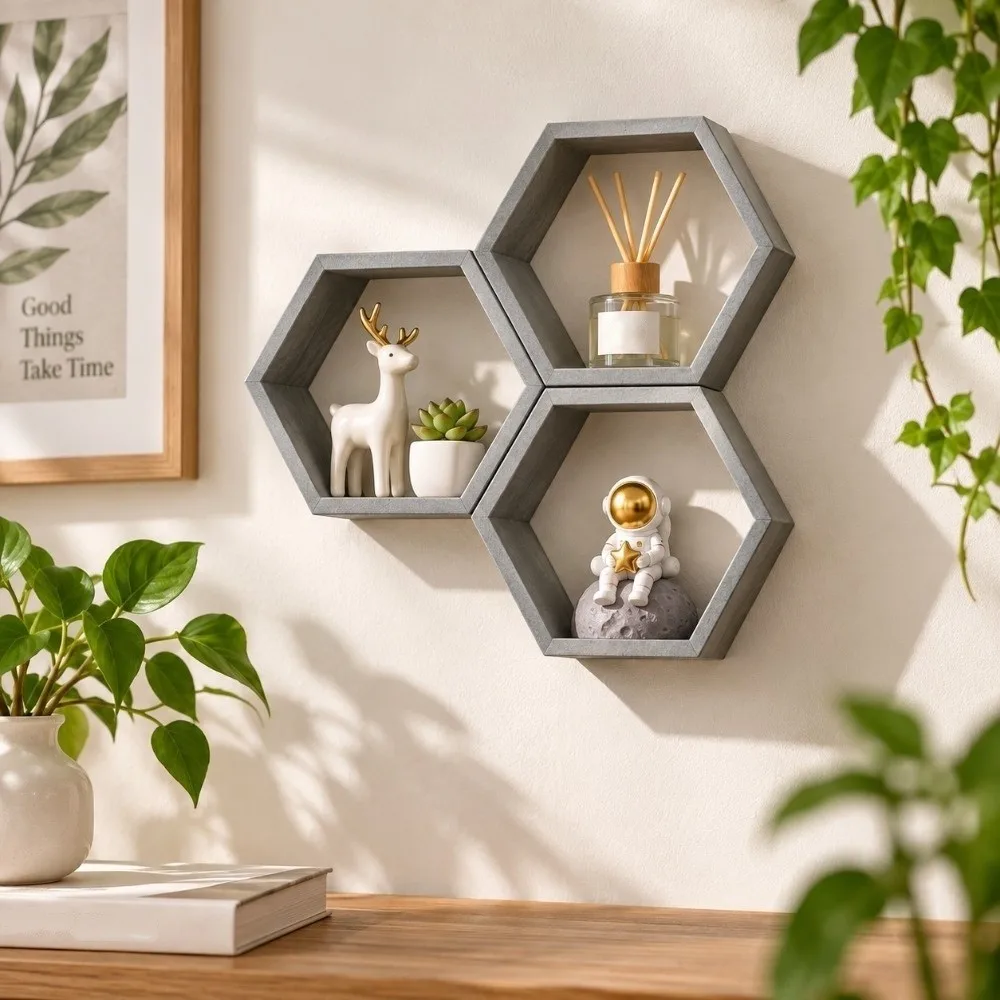 3PCS Wall-Mounted Hexagonal Suspended Storage Rack Small Nordic Style Geometric Storage Rack Decorative Wall Decor
