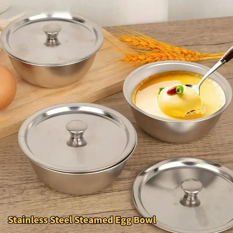 Kitchen Tableware Stainless Steel Steamed Egg Bowl With Lids Fruit Salad Dessert Soup Bowl Food Container Rice Noodles Bowl