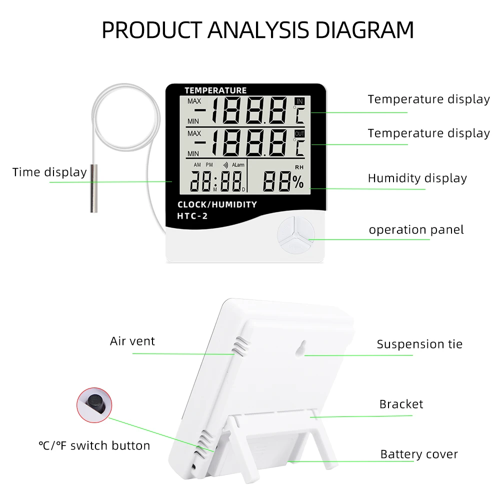 LCD الرقمية درجة الحرارة والرطوبة متر HTC-2/HTC-1 المنزل داخلي في الهواء الطلق الرطوبة ميزان الحرارة محطة الطقس مع الساعة