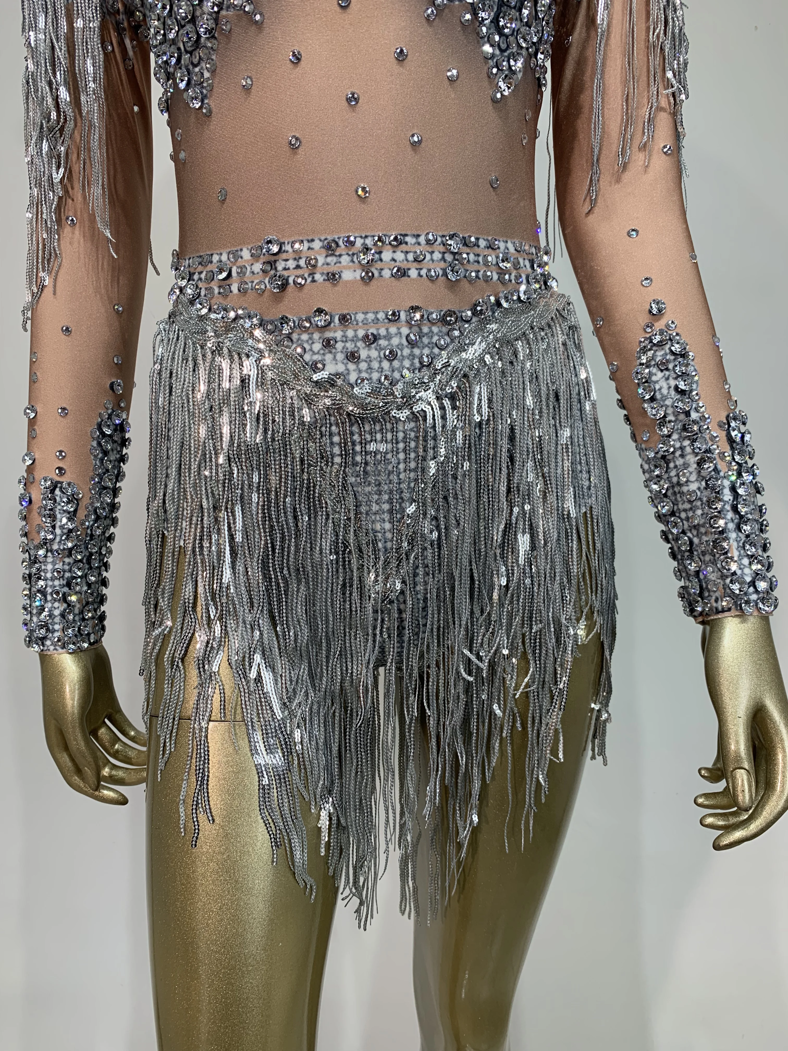 Damskie błyszczące body z dżetami, cekinami i frędzlami, elastyczne, nowość 2025, na przyjęcie urodzinowe, do klubu nocnego, na scenę DJ-a, kostium do występów.