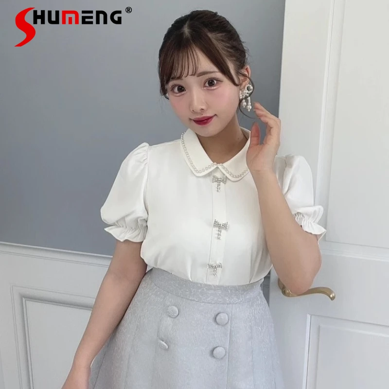 

Japanese Rojita Style Sweet Pearl Shirt Collar Rhinestone Bow Zipper Blouse Commuter Short Sleeved Top Pullovers Camisa Feminina