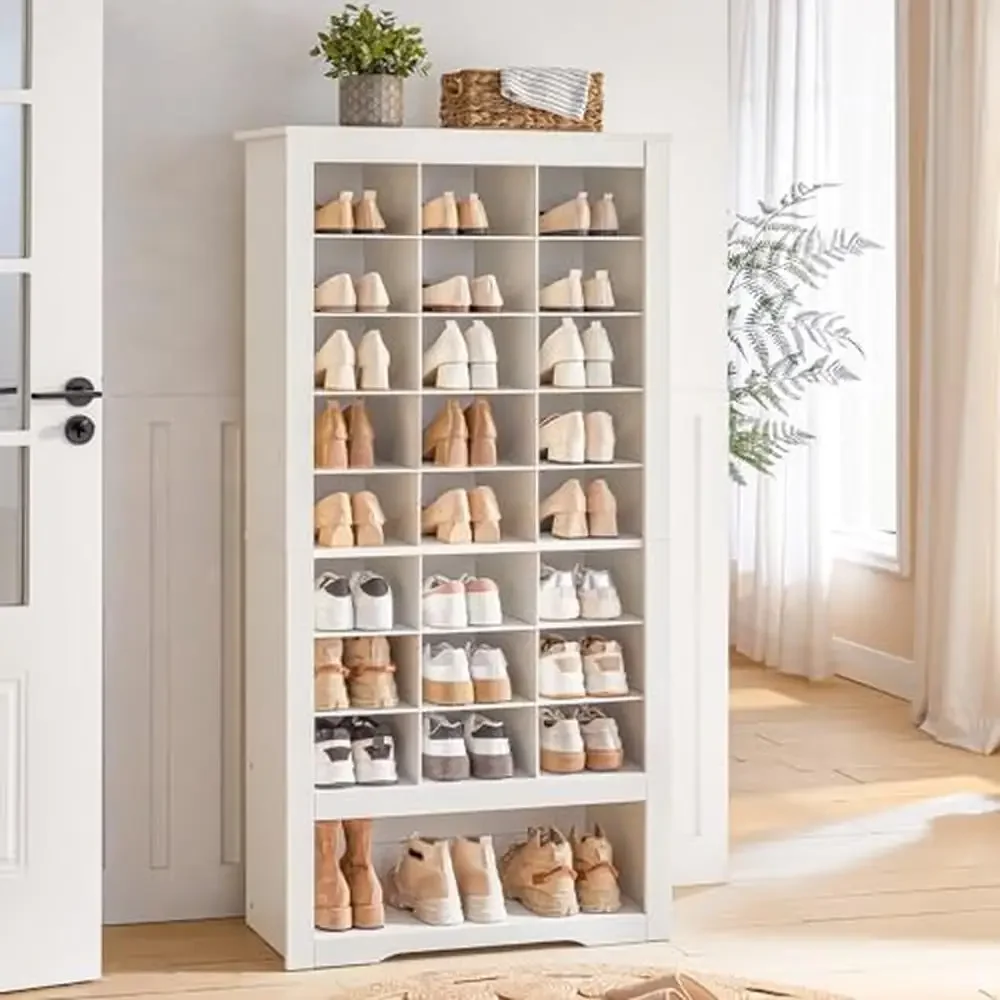 8-Tier Freestanding Shoe Rack 24 Cubbies 3 Hooks Shoe Storage Cabinet Entryway Living Room Closet Organizing Shoeboxes and Coats