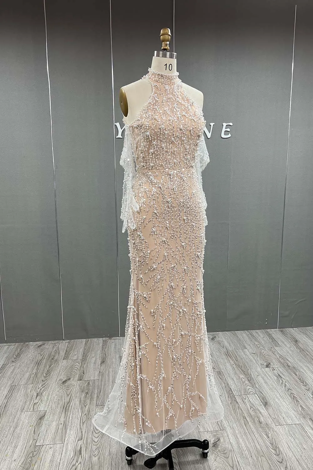 YQLNNE Elegant Nude High Neck Pearls Beading Evening Dress with Gloves Long Mermaid Prom Party Gown Removable Skirt