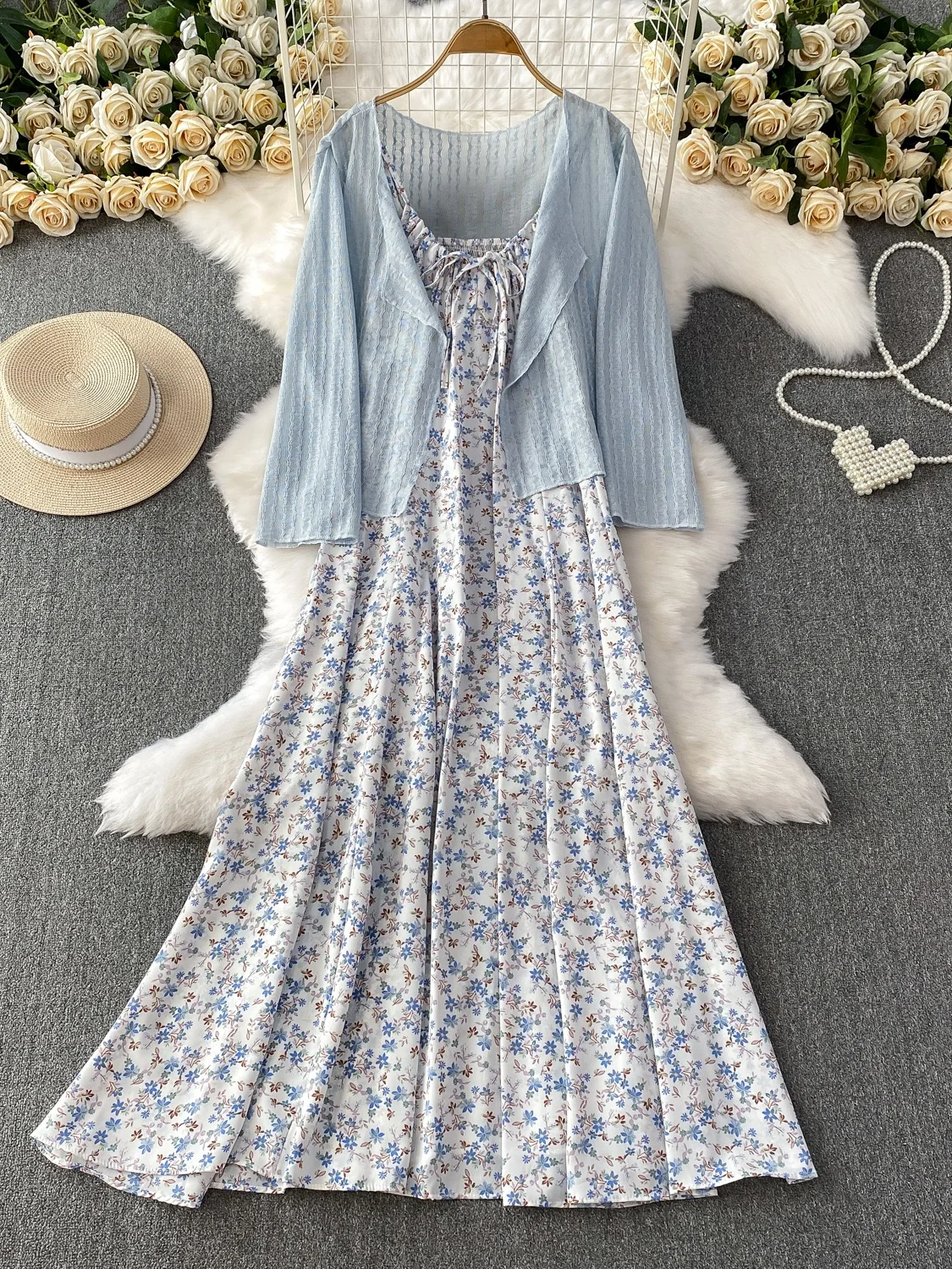 

Pink Lace Long Sve Sun Protection Open Cardigan Set Floral Waist Slimming Strap Dr Gentle Wind Summer Faion Outfit
