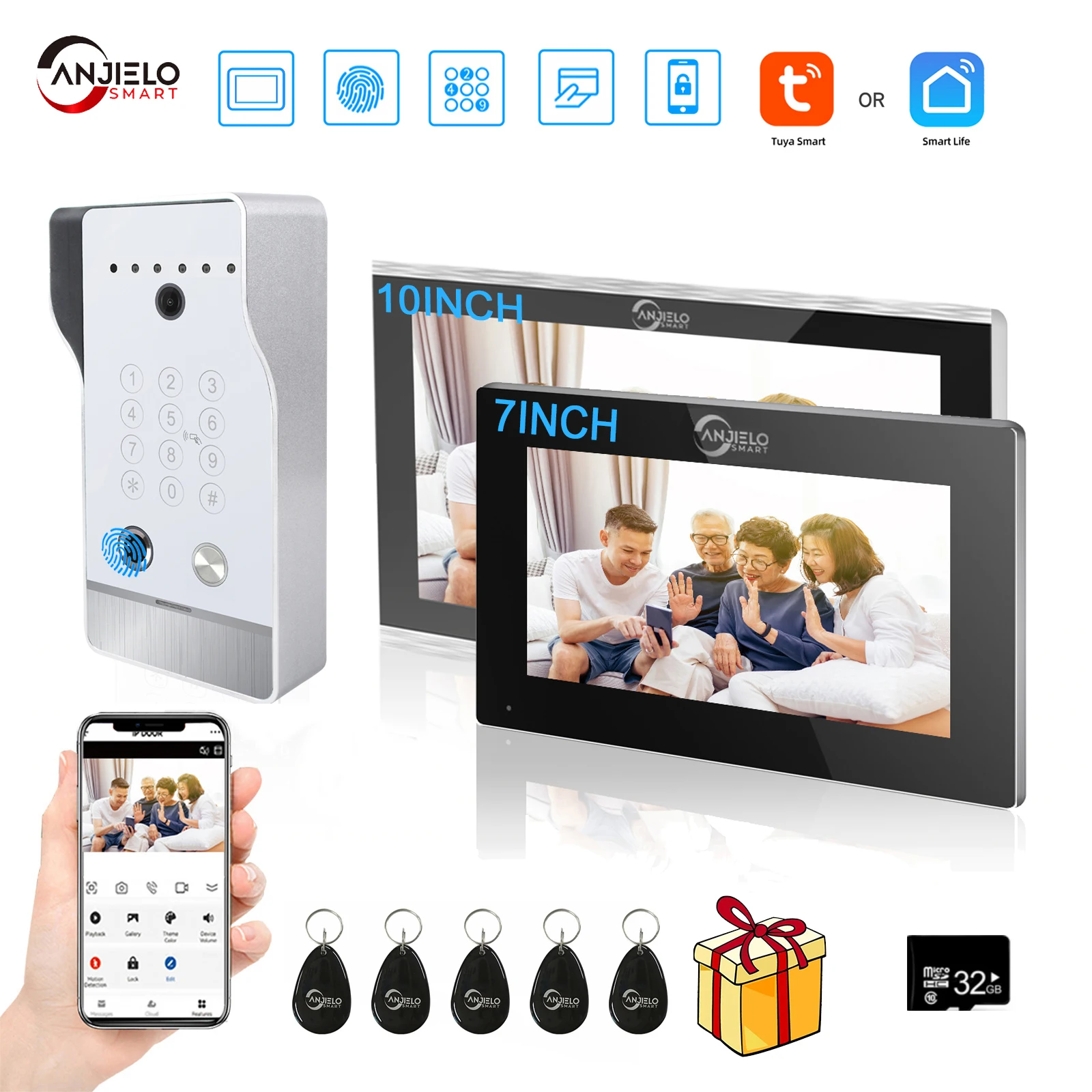 Tuya videocitofono da 7/10 pollici Touch Screen con campanello cablato 1080P 148 ° APP Password Fingerprint Card Swipe campanello grande