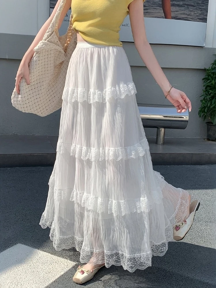 

Белая кружевная юбка А-силуэта с пэчворком, женская, весенняя, модная, с завышенной талией, облегающая, многоярусная, в пол, для повседневного стиля