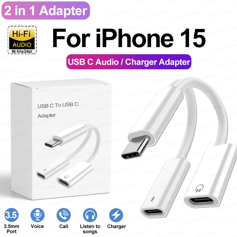 USB C Splitter Audio Adapter 2 IN 1 Type C to 3 5 Headphone Jack Adapter For iPhone 15 Pro Max Samsung Xiaomi Phone Fast Charger