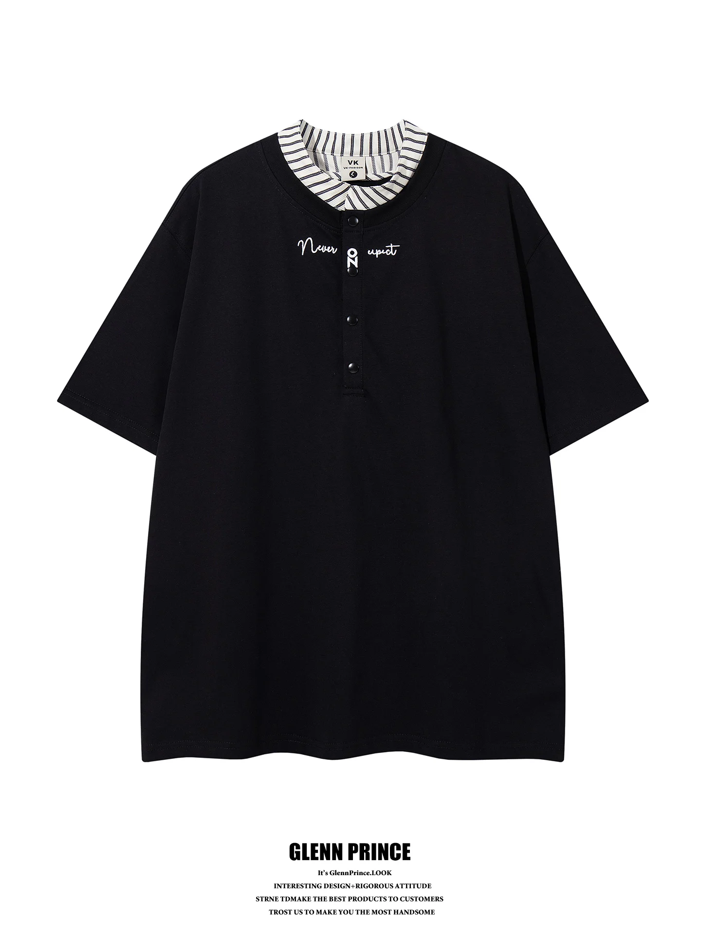 

American High Street Style Men's T-Shirt Pure Cotton Loose Short Sleeve Fake Two-Piece Henry Collar Summer Breathable Tee