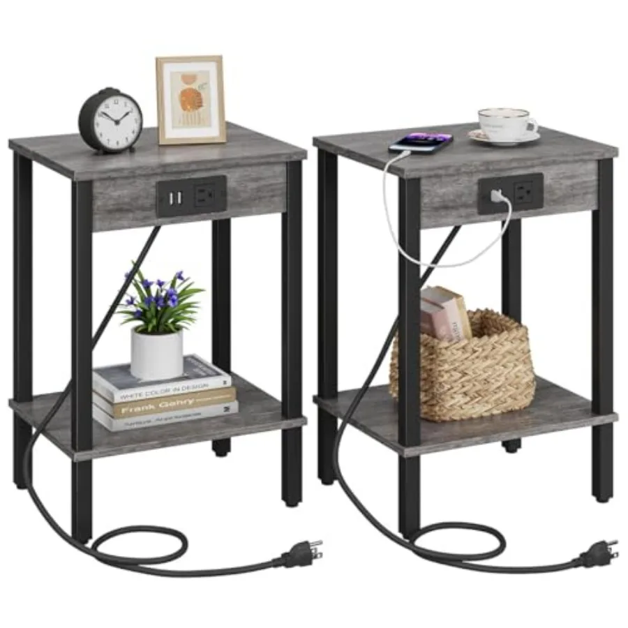 

Side Table with Charging Station of End Tables with USB Port and Outlets Nightstands with 2-Tier Storage Shelves Sofa Table for