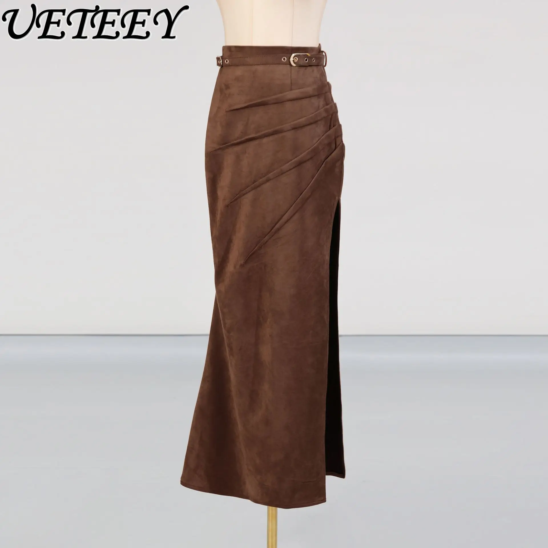 กระโปรงยาวทรงเอวสูงสไตล์ยุโรปและอเมริกา แฟชั่นสตรีท แต่งผ่าข้าง จีบระบาย ดีไซน์ผูกเชือก รุ่นใหม่ประจำฤดูร้อนปี 2025 กระโปรงมิดิทรงสวยเก๋