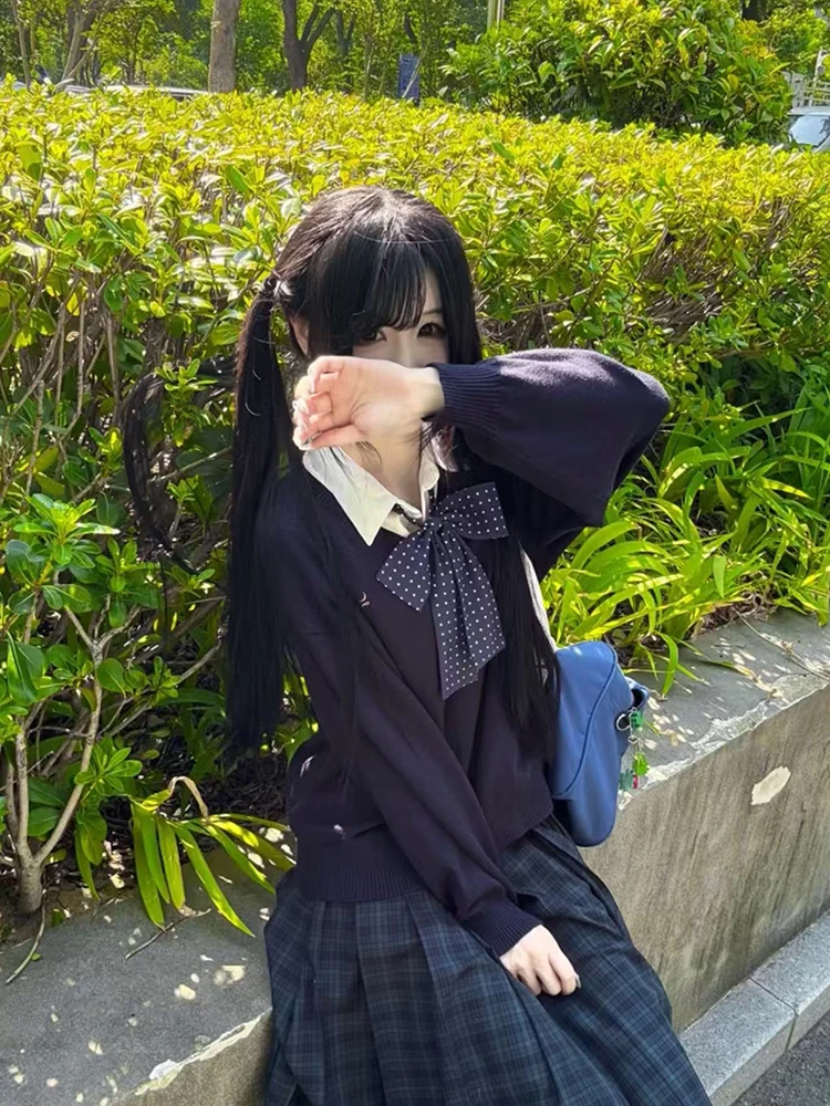 JK Uniform Girls' High School Dark Gray V-Neck Layered Pullover Sweater Long Sleeve shirt School Style Plaid Skirt Full Set
