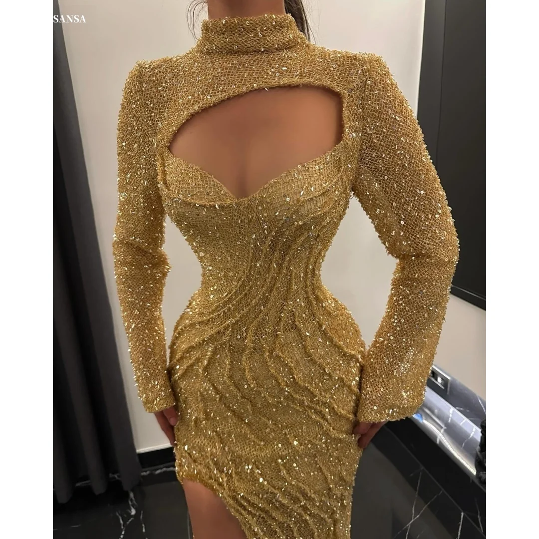 

Sansa Customized Yellow Sequins High Neck Prom Dresses Long Sleeves فساتين للمناسبات الخاصة Floor-Length vestidos de festa 2025
