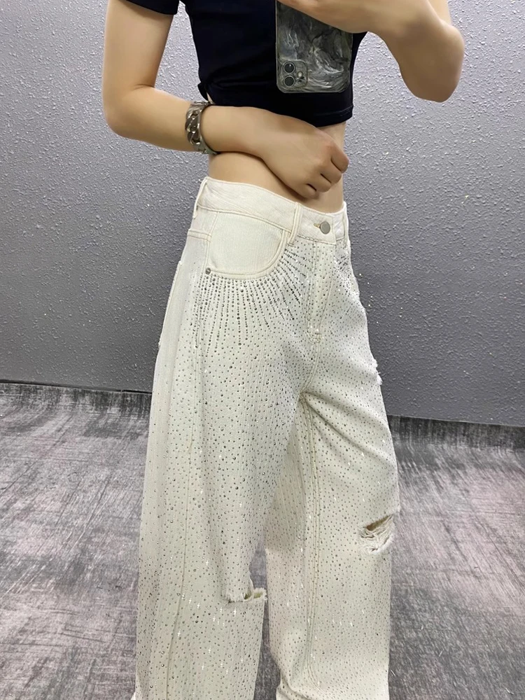 Women's 2025 Summer High Waist Denim Trousers Starry Sky Hot Diamond Hole Jeans Loose Versatile Straight Wide Leg Denim Pants
