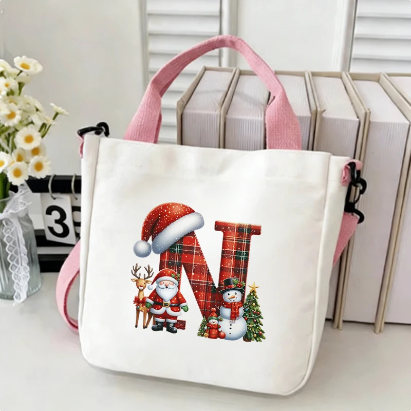 Santa Reindeer Print 26 Letter A-Z Canvas Tote Bag Women Christmas Party Casual Daily Shopping Hand Shoulder Crossbody Bag