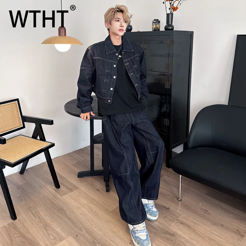 

WTHT Fashion Men's Suit Solid Color Patchwor Lapel Denim Coats High Waisted Wide Leg Casual Jeans Set Male 2025 Autumn 2A2140