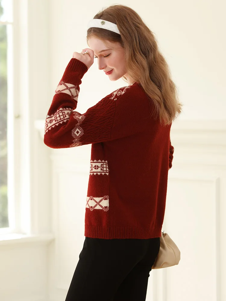 I BELIEVE YOU Christmas Sweaters Women Red Jacquard Lazy Wind Winter 2023 New Loose Colorblocking Pullover Knitwears 2234125171