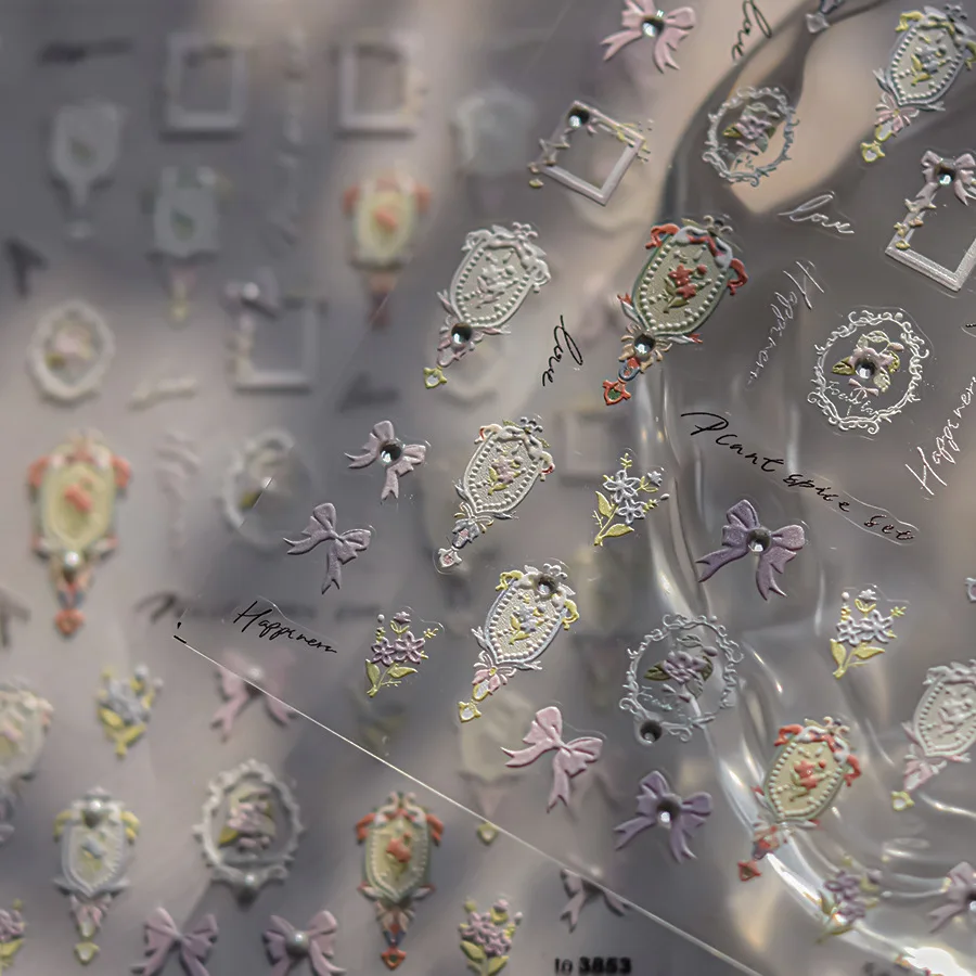 

Retro Vintage Photo Frame Flower Bowknot Rhinestone Pearl Soft Embossed Reliefs Adhesive Nail Art Sticker Nail Decorations Decal