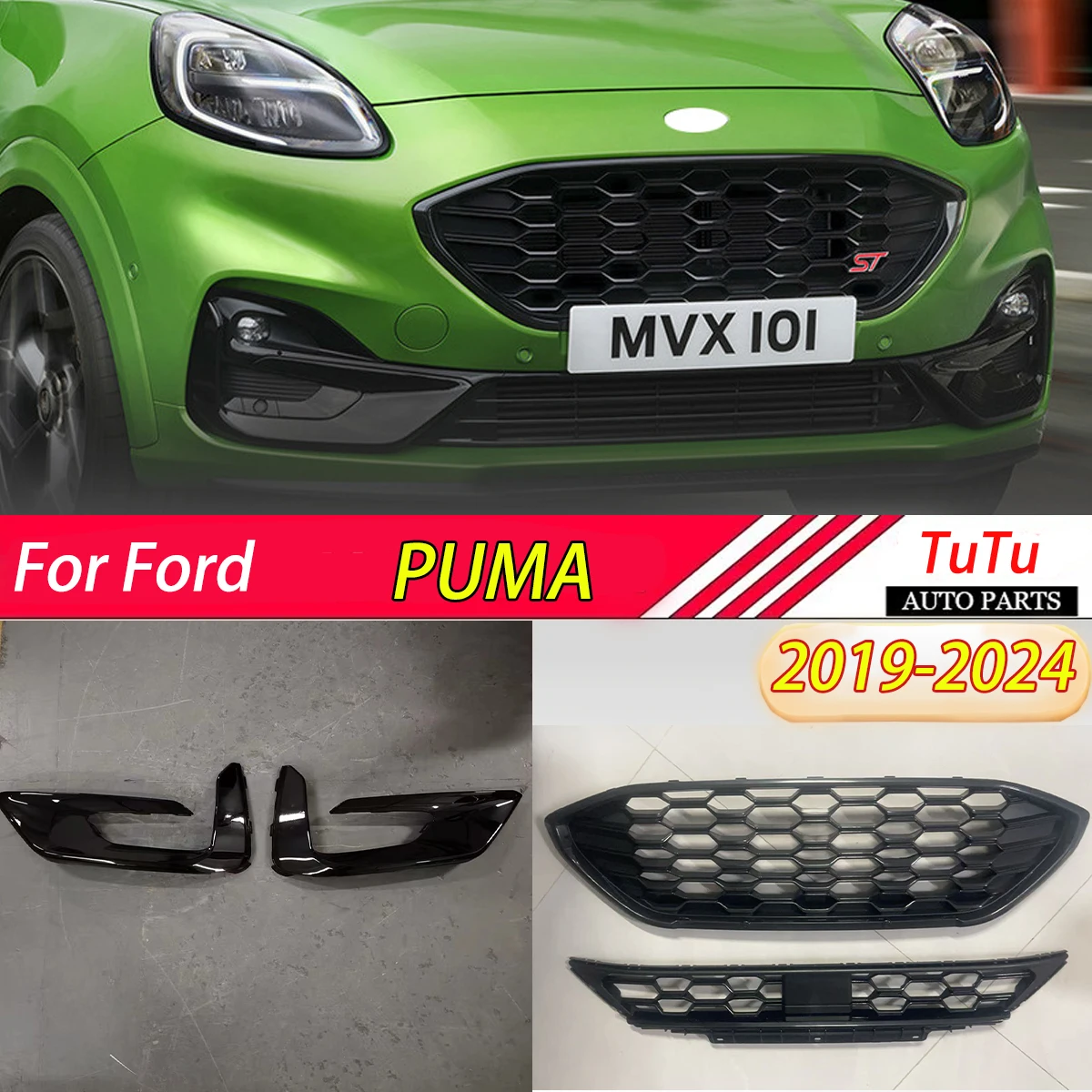

For Ford PUMA ST Line 2019-2024 Front Bumper Hood Grille Fog Lamp Frame Lower Mesh Grill Cover Trim Ventilation Net Guard Tuning