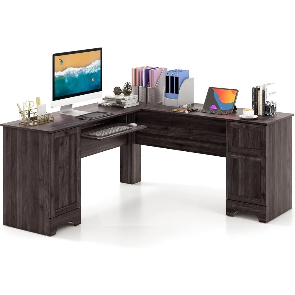 

L-Shaped Office Desk with Storage Drawers & Keyboard Tray, Home Office Corner Computer Desk with Cabinet & Inner Adjustable She