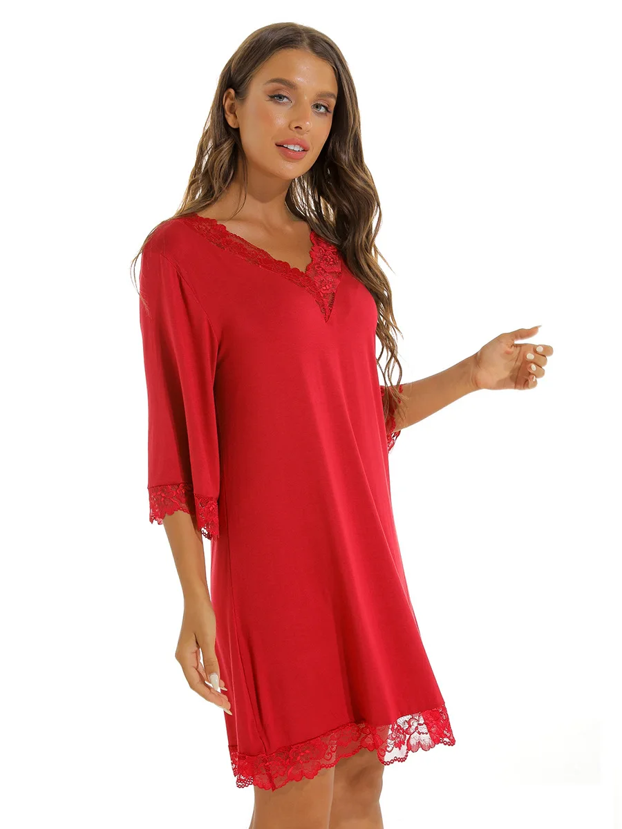 Women's Lace Sexy V-Neck Nightdress Solid Color Knitted Cotton Seven-Point Sleeve Sleepwear Medium Length Loose Casual Home Wear - Image 6
