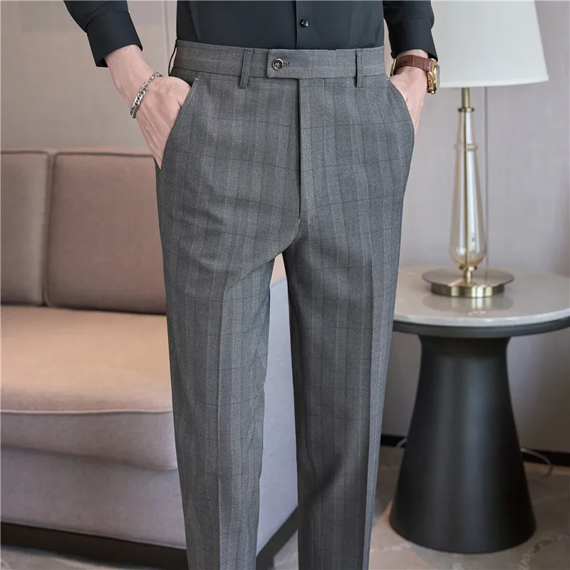 Men Grid Suit Pants 2024 Autumn Solid Casual Straight Formal Dress Trousers Slim Fit Pantalon Homme Wedding Party Men Clothing