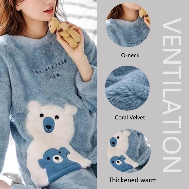 Thickened Warm Flannel Autumn Winter Plus Size Pajamas 2xl Long-Sleeved Suit Blue Cartoon Bear Homewear School Loungewear