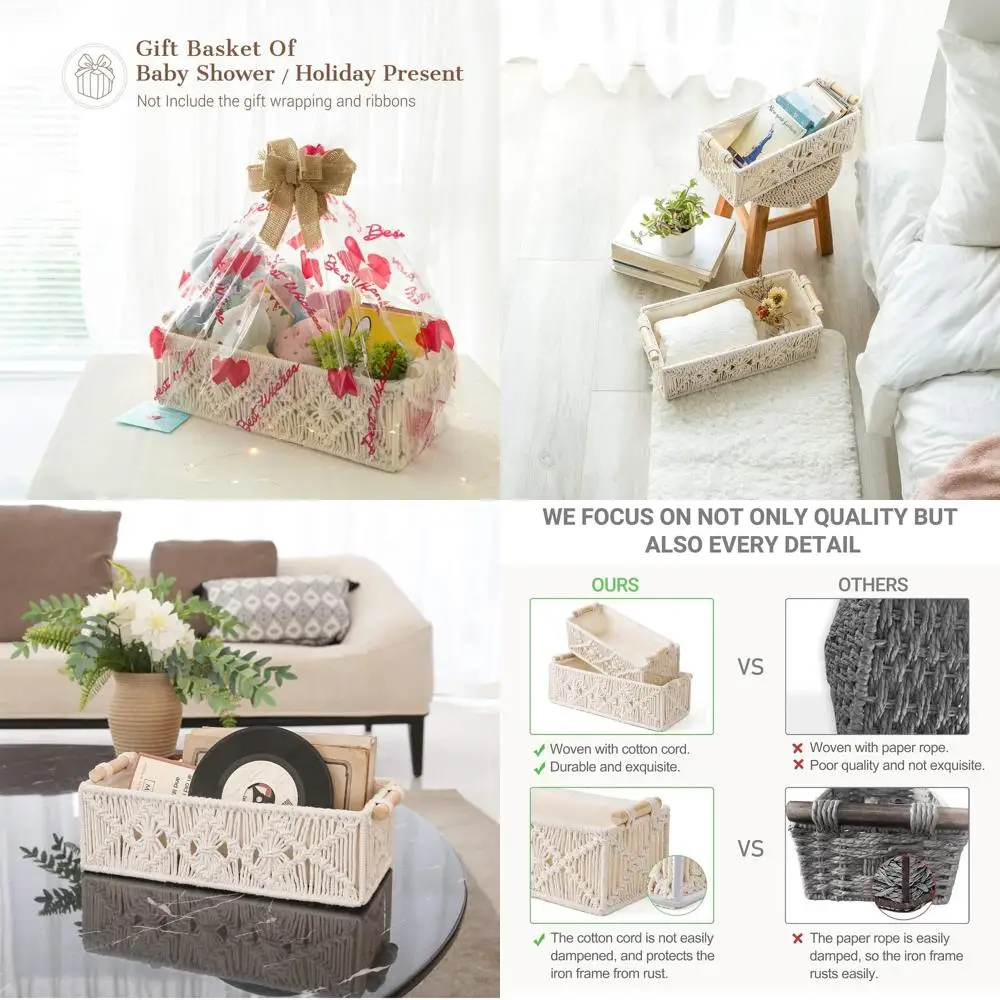 

Корзины макраме ручной работы в стиле бохо, набор из 2 шт., слоновая кость, органайзеры для хранения для домашнего декора