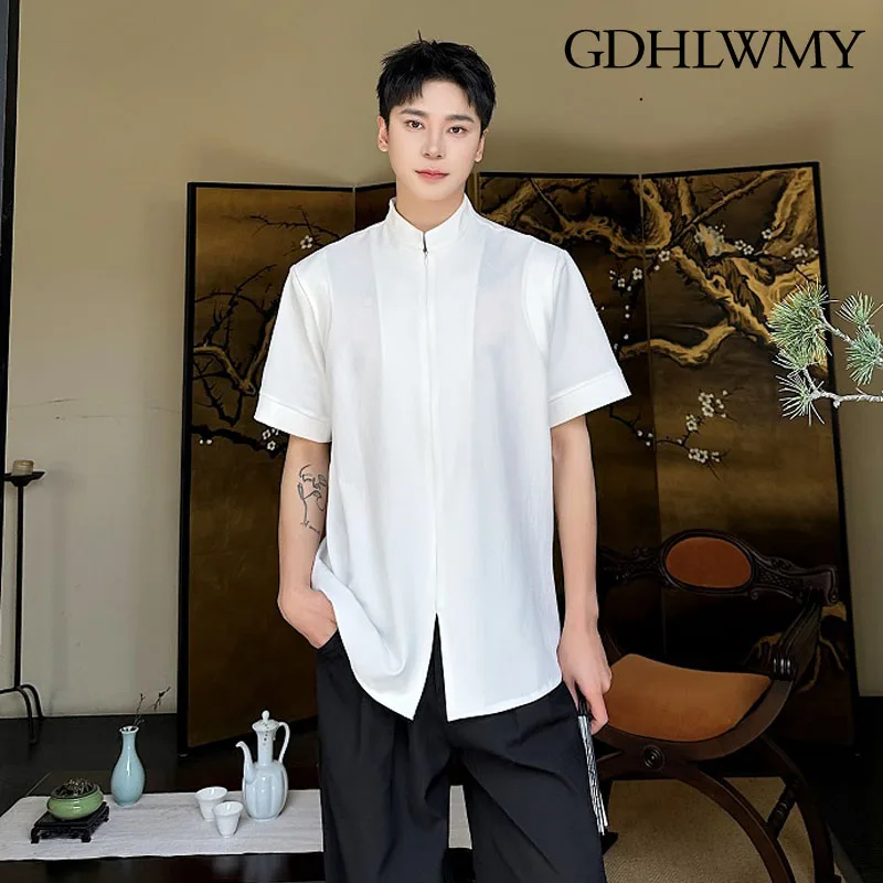 

GDHLWMY Summer New Chinese Simple Solid Color Stand up collar Short sleeved Men's and Women's Shirts Trendy Casual Zipper Design