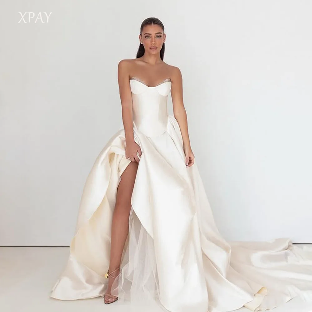 

XPAY Strapless Feather Ball Gown Soft Satin Wedding Party Dresses Floor-Length Bride Gowns Vestidos Novias Boda Formal Customize
