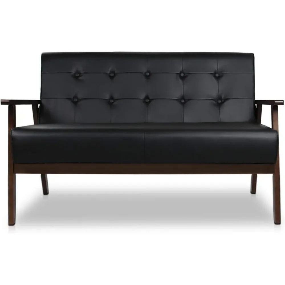 Mid-Century Modern Solid Loveseat Sofa Upholstered Faux Leather Couch 2-Seat Wood Armchair Living Room