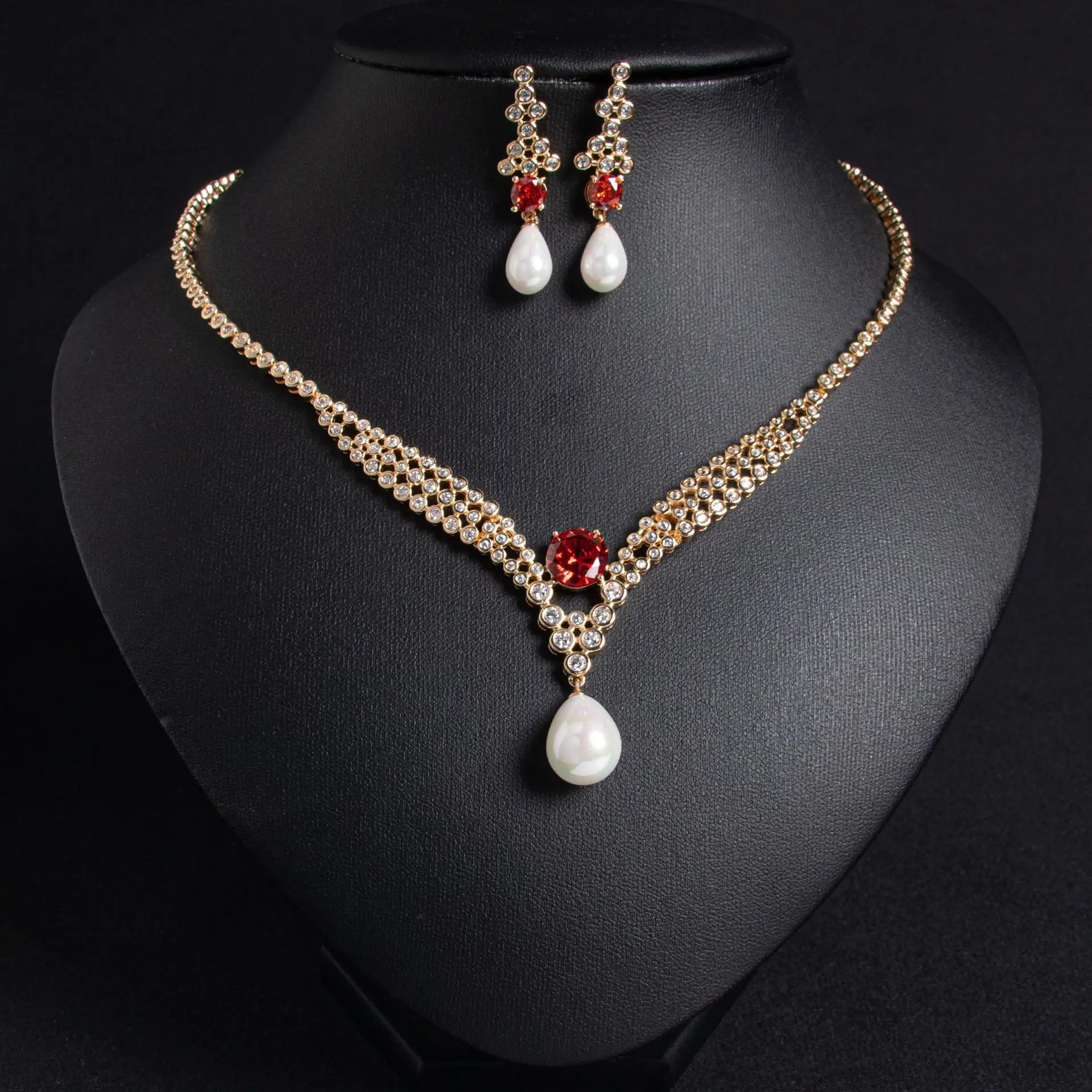 

2 Pcs Pearls Full Set Zirconium Jewellery Accessories Ladies Necklace Earrings Set For Wedding Party Dress Mother's Day M-90