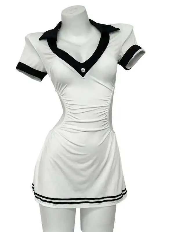 女性のセクシーなかわいい純粋な欲望女子高生セット制服小胸ドレスエレガントなファッションセクシーな韓国女性ミニ T シャツドレス LE6