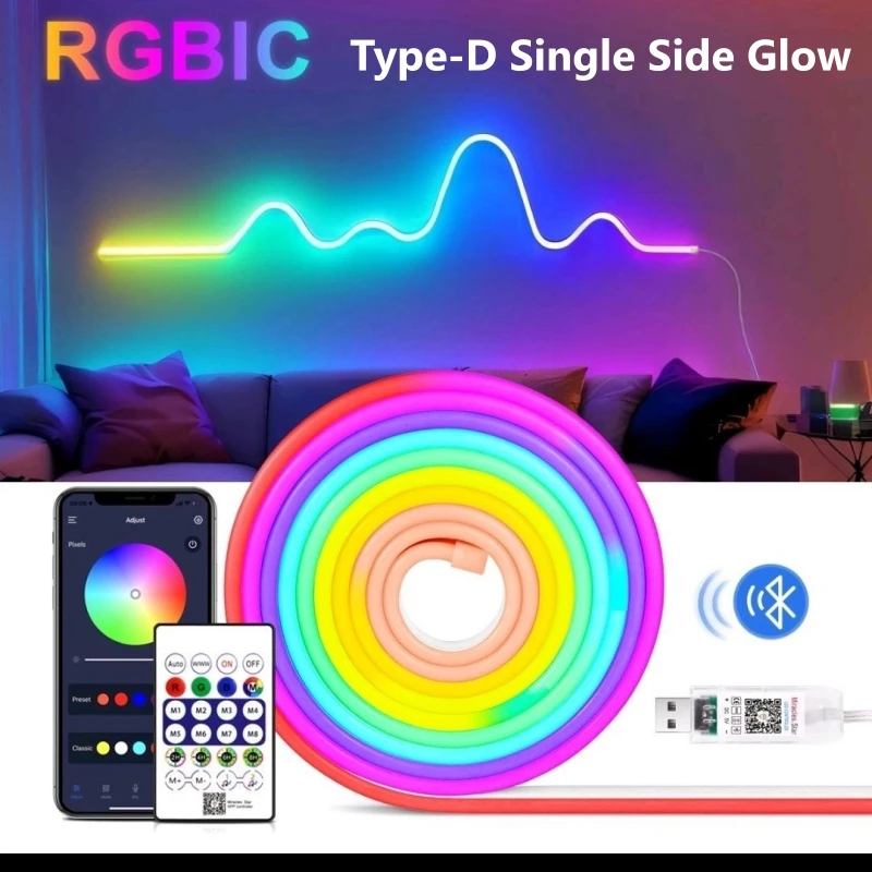 360-degree RGB Smart Bluetooth LED Strip Flexible Braid Silicone Neon Rope Lamp APP Remote Control 5V USB E-sports Ambient Light