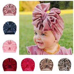 Nieuwe Baby Meisjes Grote Boog Knoop Fluwelen Hoed Pasgeboren Baby Tulband Caps Kinderen Luipaard Mutsen Foto Props Geschenken Haaraccessoires