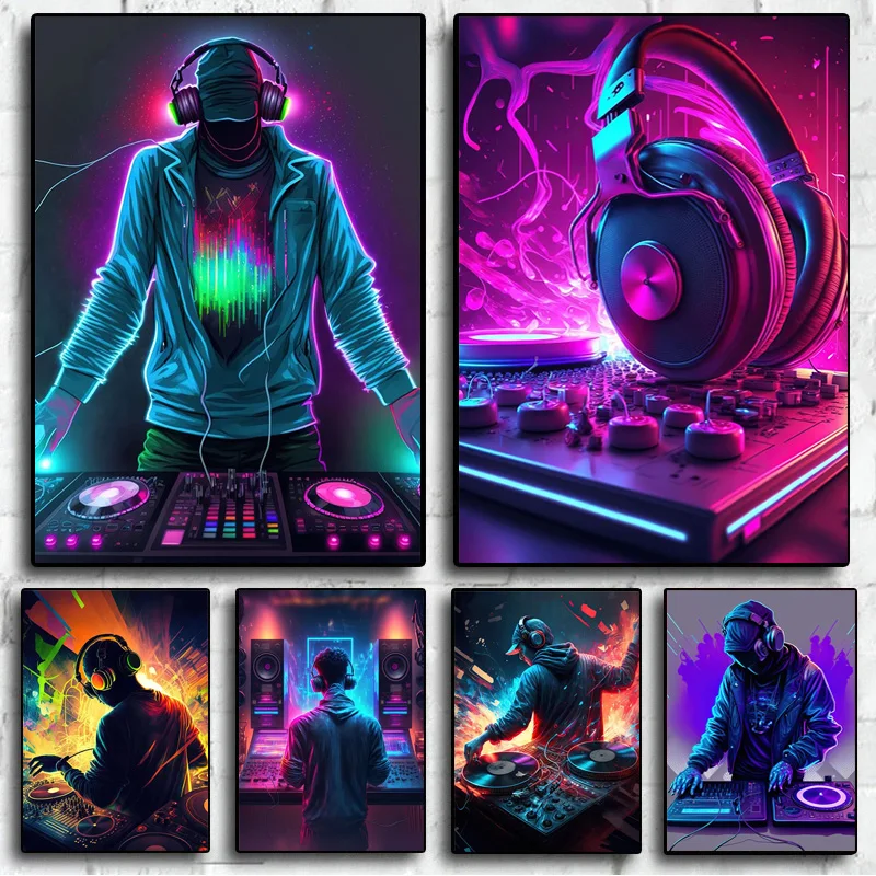 Neon Design Music Cool DJ Headphone Poster Canvas Paintings Abstract Wall Art For Bar Club Room Home Decor Frameless No LED