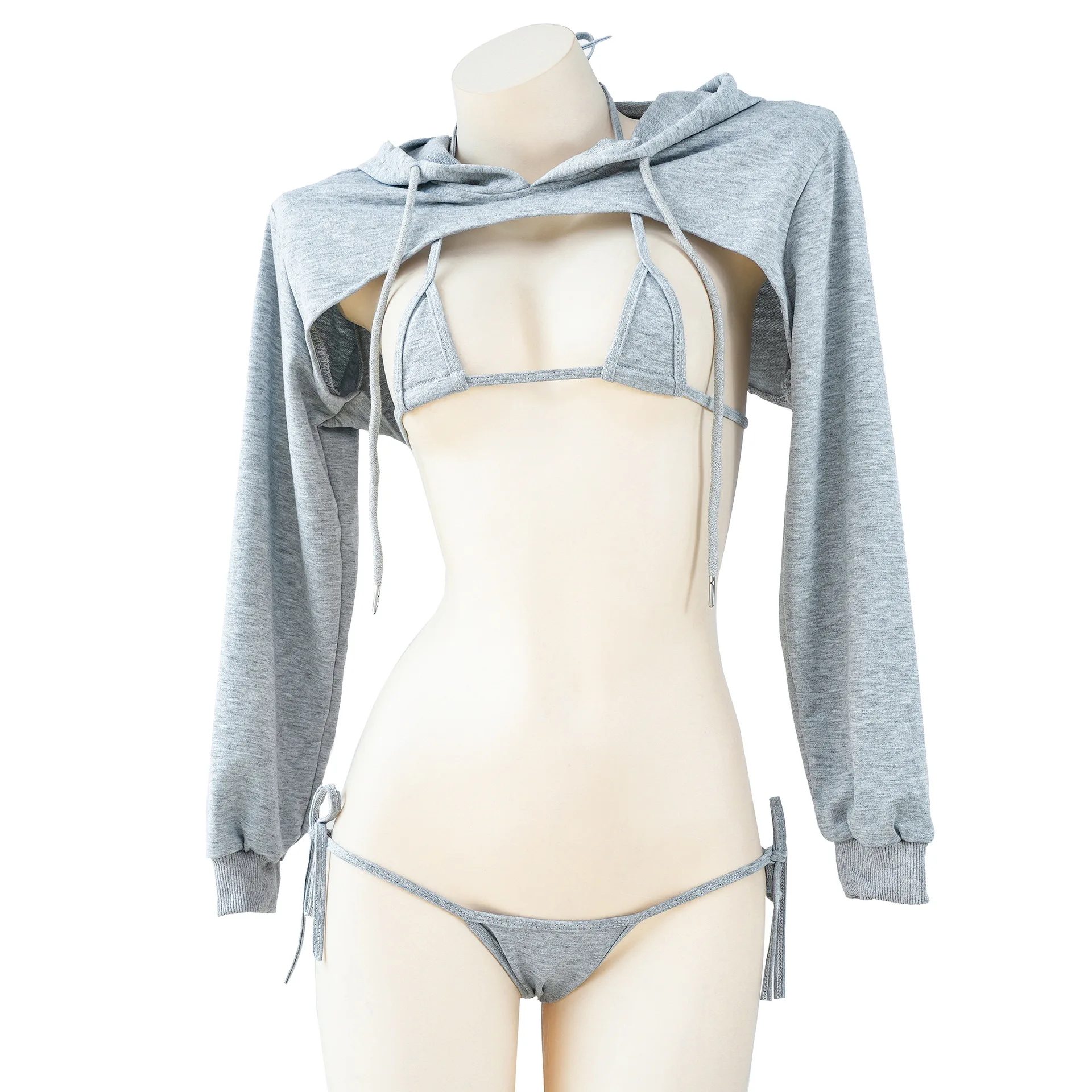 New lace up half neck bikini set women's hooded long sleeved sweater jacket sexy gray three-point swimsuit lingerie
