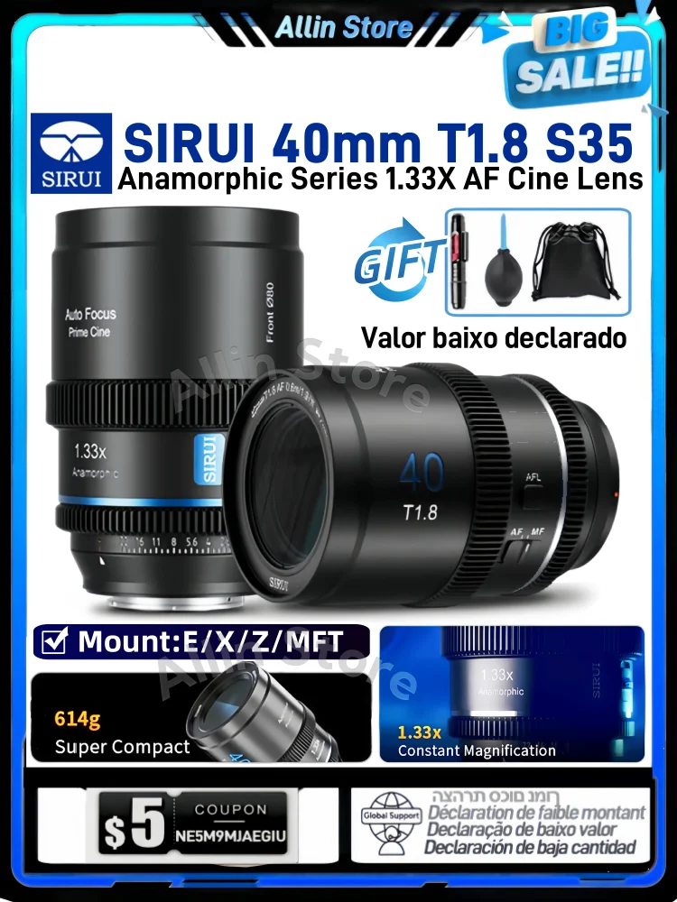 Sirui 40mm T1.8 1.33x S35 AF Anamorphic Lens (for Sony E for Nikon Z for Fuji X F for Marco 4/3 Cine lens zoom, Blue flares)