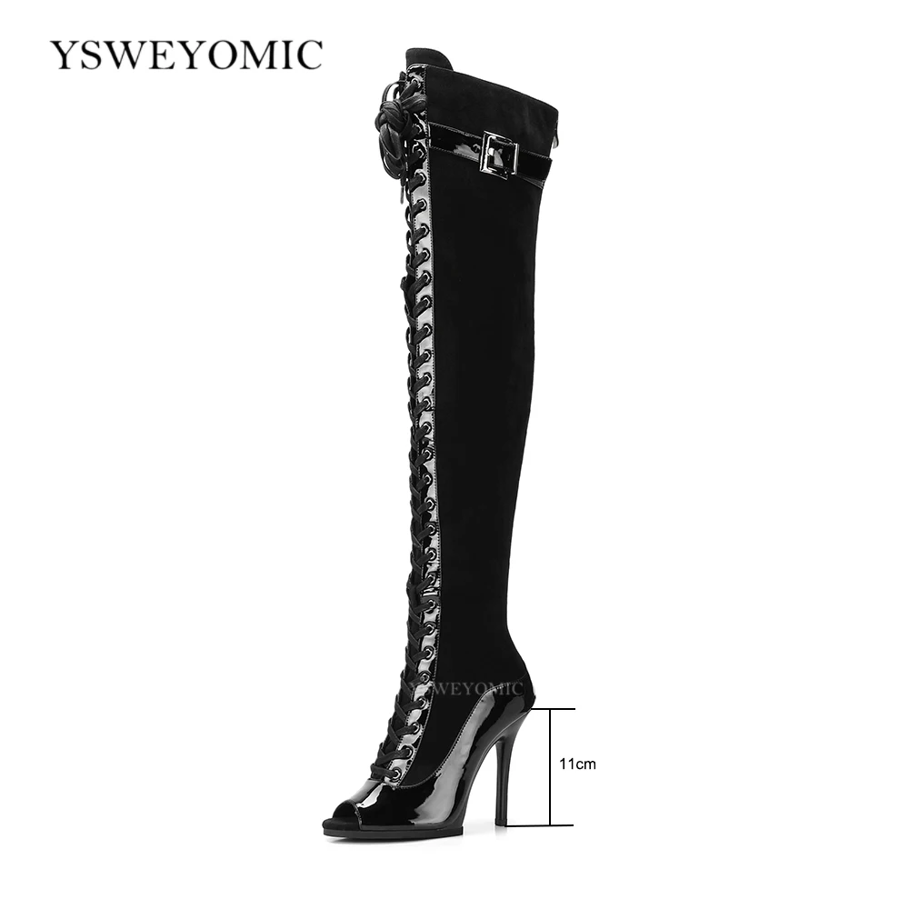 9.5cm 11cm Platform Jazz Dance High Heels Stable Pump Dance Shoes Lace-Up Peep-Toe Over-The-Knee Strappy Boots for Dance Party
