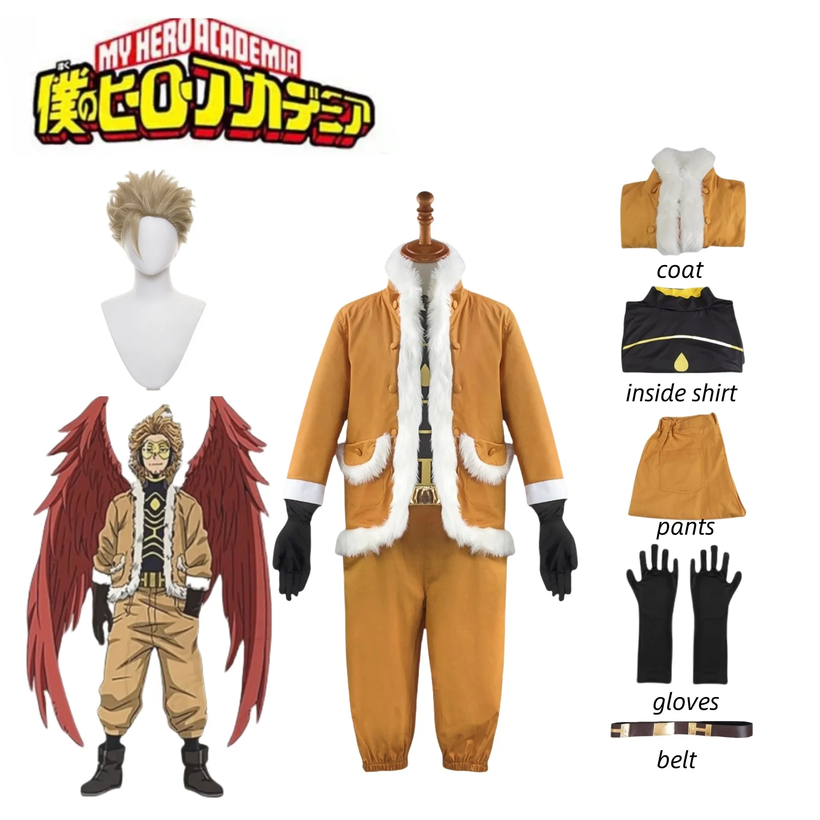 Halloween Carnival wig My Hero Academy Hawks Cosplay Costume Takami Keigo Uniform Suit Wing Hero Outfit