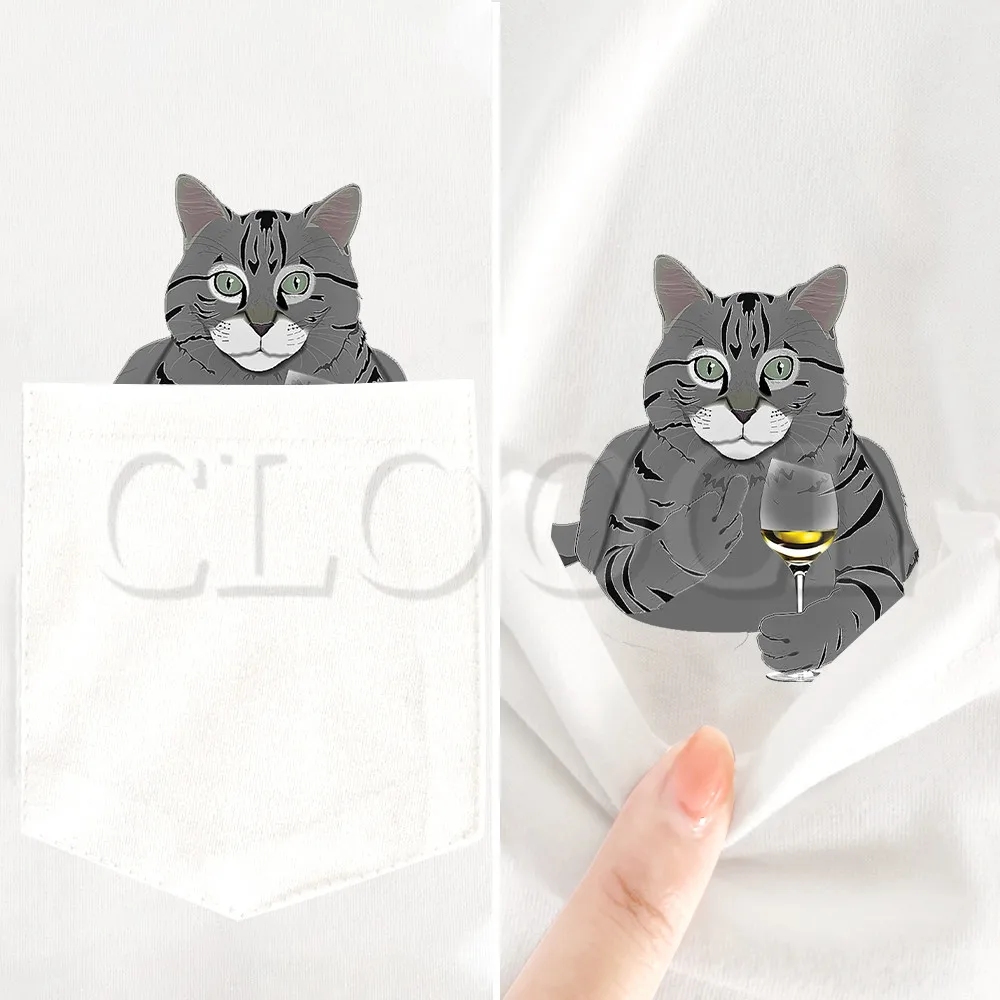 Cloocl Tabby Kat Katoenen T-Shirts Grappig Kitten Middelvinger Champagne Zakken Korte Mouw Shirts Zomer Heren Dameskleding