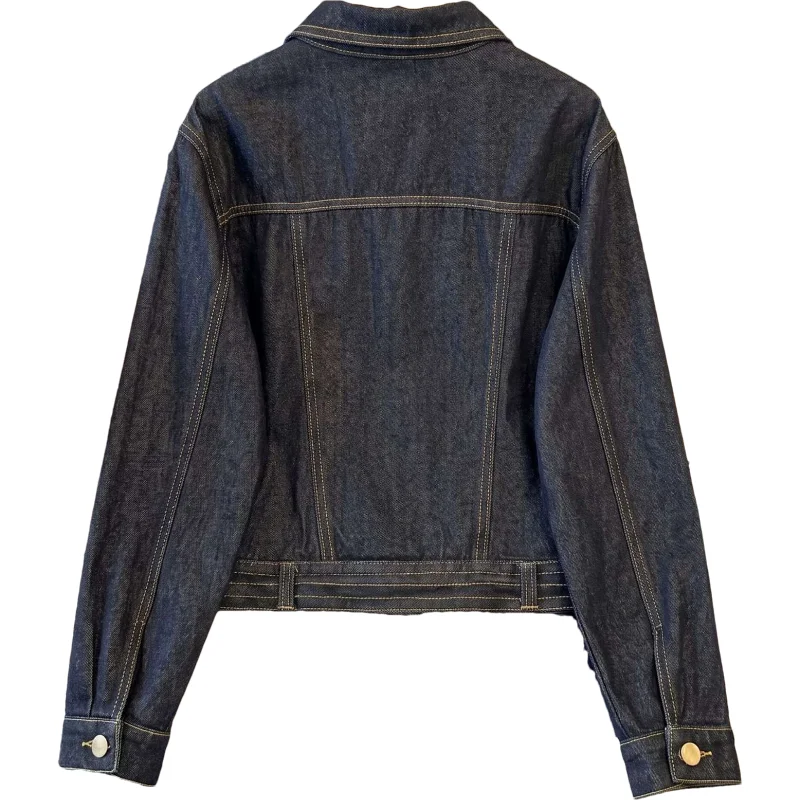Vintage Washed Dark Blue Short Denim Jacket Women Autumn Casual Turndown Collar Single-Breasted Long Sleeve Jeans Jacket Coat
