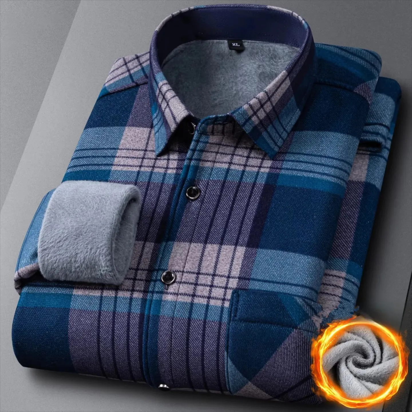 Double-Sided Fleece Men's Long-Sleeved Shirt Autumn Winter Fashion Plaid Print Warm Clothes Comfort Soft Casual Check Shirt 6XL