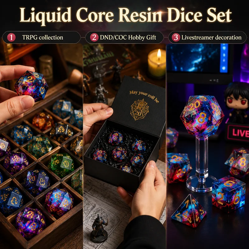 7 Pcs Liquid Core Resin Dice Set with Quick Sand Effect & Glitter, Polyhedral Fluid D20 for TRPG Tabletop Games Role Playing