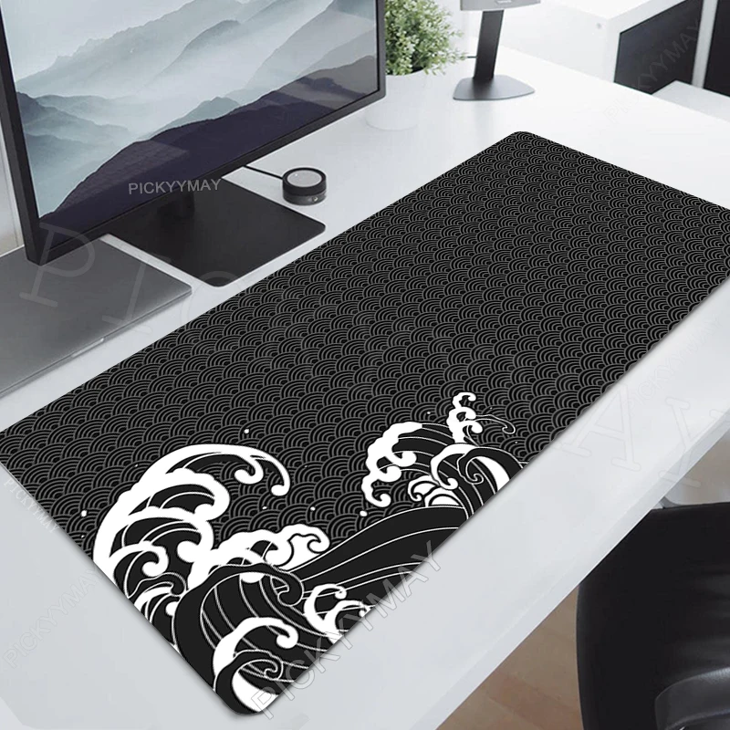 Japanese Great Wave Desk Mat Gaming Mousepads Big Desk Mat Office Desk Pads Large Mouse Pad Company Mouse Mats Black And White