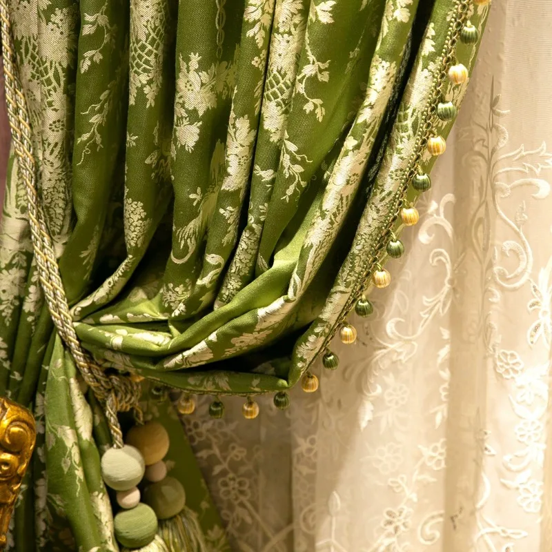 European Style Light Green High Precision Colored Jacquard Blackout Window Curtains for Living Room Bedroom Dining Luxury Decor
