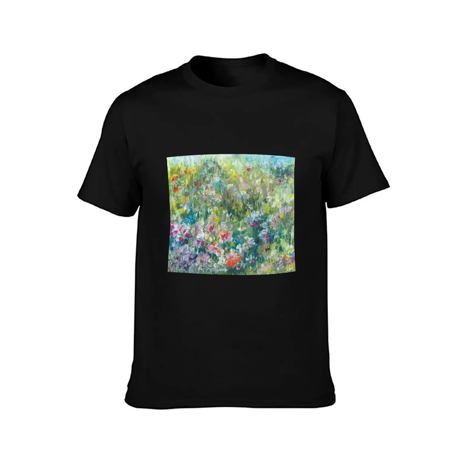 Wild flower meadow in oil pastels T-Shirt Summer Casual Cotton Tee Oversized Streetwear Tops Vintage Graphic Print