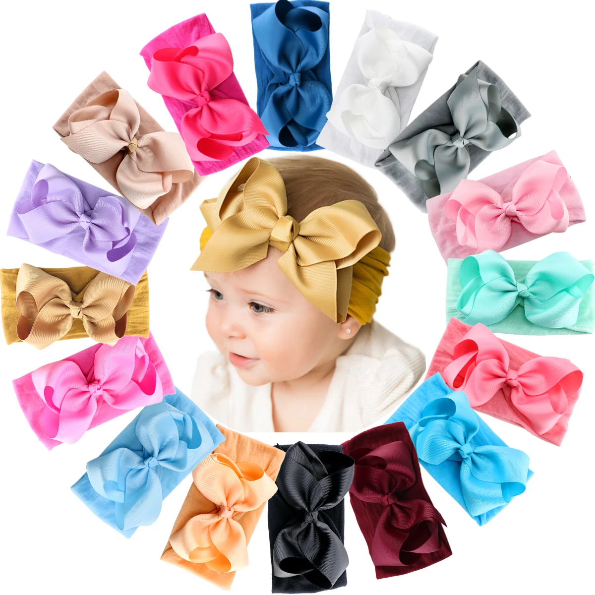 

16 Pcs/lot Baby Nylon Knotted Headbands Girls Big Bow Hair Elastic Head Wraps Infants Toddlers Photography Dress Up Hairbands