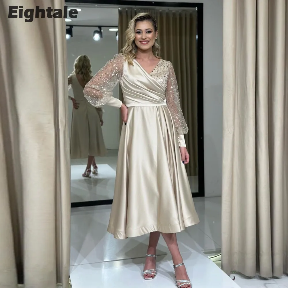 

Eightale Champagne Prom Dresses V-Neck Glitter Long Sleeves A-Line Short Evening Party Gown Ballkleider