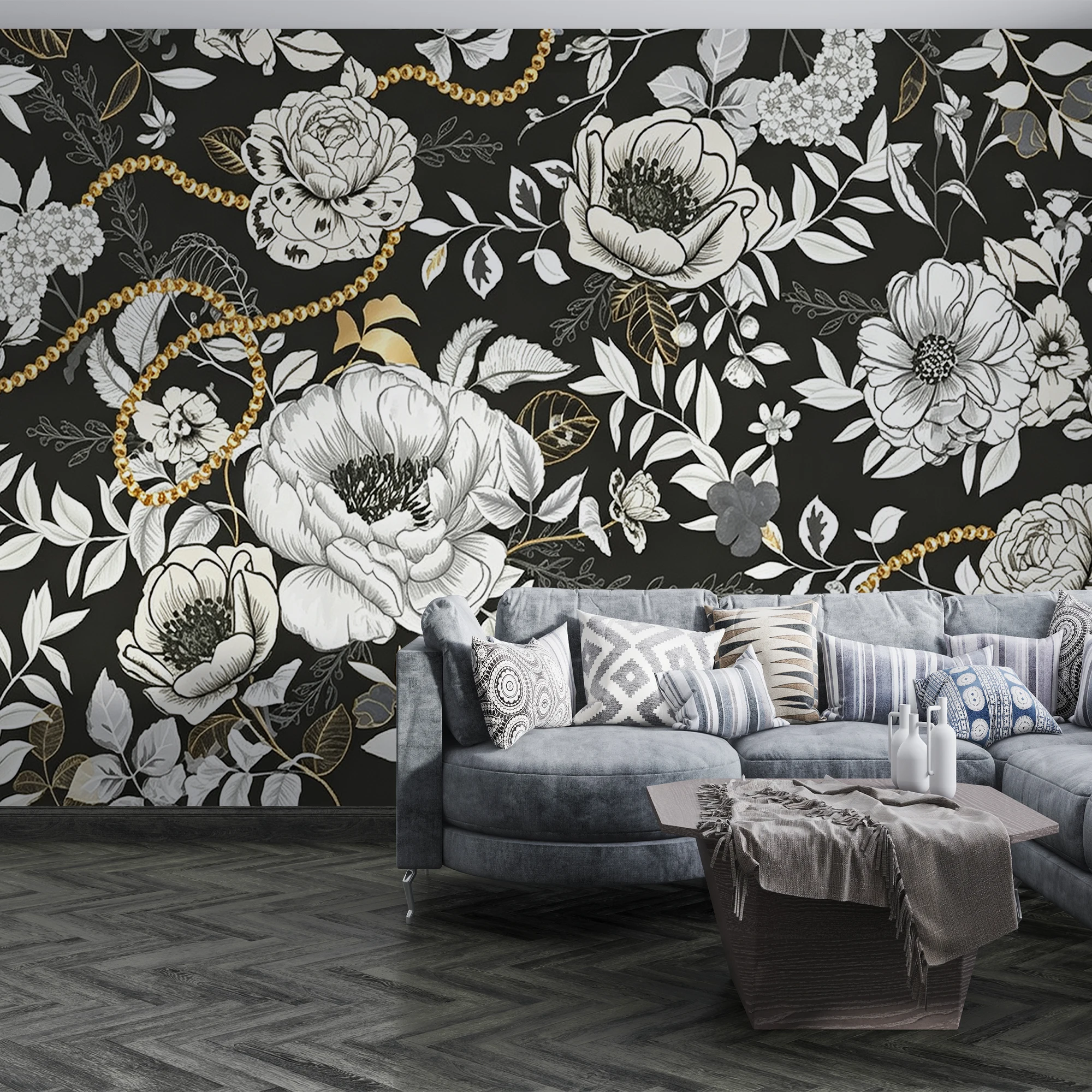 Custom 3D Mural Wallpaper Black Background White Peony Gold Chain  Wall Mural Vintage Floral For Living Room Bedroom Home Decor