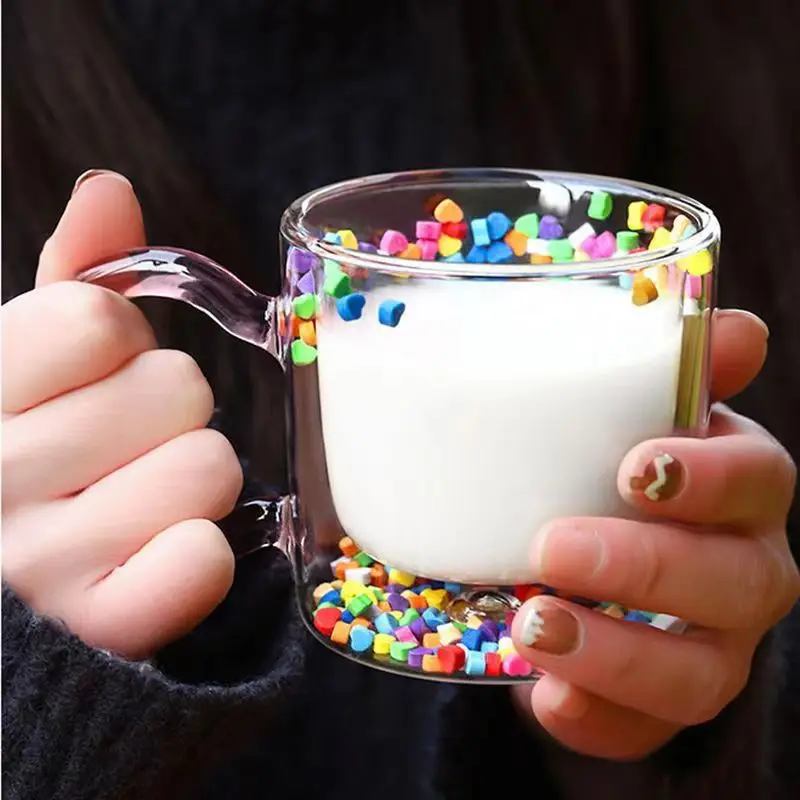 Tasse à sable mouvant en forme de cœur multicolore pour fille, verre créatif à double couche, tasse à café transparente, lait, thé, eau, mignon